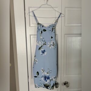 Floral Blue Spaghetti Strap Dress with Back Bow